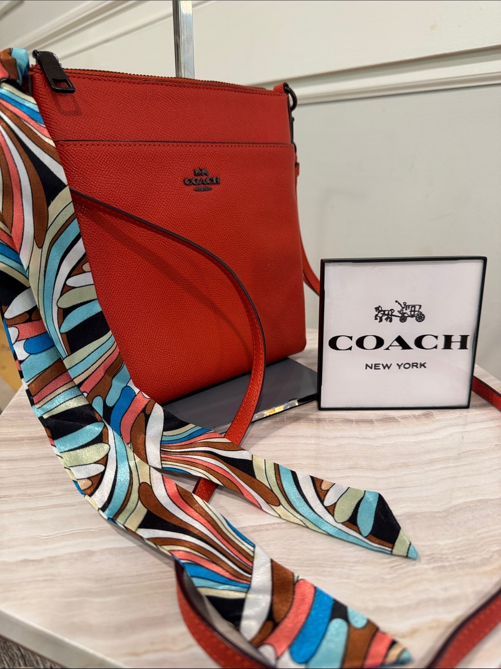 Coach Bag Kitt Orange Rusted Red Leather Crossbody with Patterned Scarf